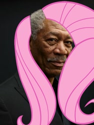 Size: 450x600 | Tagged: artist needed, source needed, safe, fluttershy, human, barely pony related, black background, irl, irl human, looking at you, male, morgan freeman, pink hair, simple background