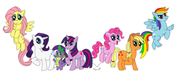 Size: 2000x885 | Tagged: safe, artist:aleximusprime, derpibooru import, applejack, fluttershy, pinkie pie, rainbow dash, rarity, spike, twilight sparkle, unicorn twilight, dragon, earth pony, pegasus, pony, unicorn, 2011, group, old art