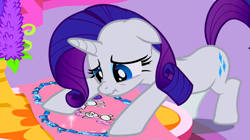 Size: 1265x709 | Tagged: safe, screencap, rarity, pony, unicorn, sisterhooves social, scrunchy face, solo