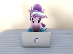 Size: 2048x1536 | Tagged: safe, artist:nekokevin, starlight glimmer, pony, unicorn, series:nekokevin's glimmy, :i, bed, clothes, computer, female, i mean i see, irl, laptop computer, looking down, mare, photo, plushie, socks, solo, striped socks