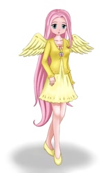Size: 623x1024 | Tagged: safe, artist:pennygu, artist:小甜鴞, fluttershy, clothes, dress, humanized, pixiv, solo, winged humanization