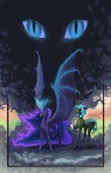 Size: 800x1245 | Tagged: safe, artist:adeptus-monitus, nightmare moon, queen chrysalis, alicorn, bat pony, bat pony alicorn, changeling, changeling queen, pony, alternate hairstyle, bat wings, duo, ethereal mane, female, hybrid wings, large wings, long horn, mare, slit eyes, spread wings, transformation, wings