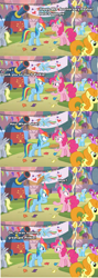 Size: 1364x3816 | Tagged: safe, derpibooru import, berry punch, berryshine, carrot top, derpy hooves, golden harvest, linky, pinkie pie, rainbow dash, shoeshine, earth pony, pegasus, pony, secrets and pies, food, happy birthday mlp:fim, hat, mlp fim's seventh anniversary, party hat, pie