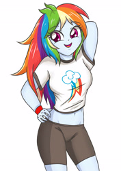 Size: 2480x3507 | Tagged: safe, artist:sumin6301, derpibooru import, rainbow dash, equestria girls, adorasexy, arm behind head, belly button, clothes, compression shorts, cute, dashabetes, hand on hip, midriff, multicolored hair, sexy, shirt, shorts, simple background, smiling, solo, white background