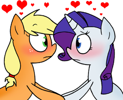 Size: 1284x1045 | Tagged: safe, artist:strangiesleepy, applejack, rarity, earth pony, pony, unicorn, blushing, female, lesbian, rarijack, shipping