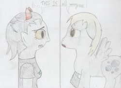 Size: 1024x743 | Tagged: safe, artist:fizzycolalizzie, derpy hooves, pegasus, pony, crossover, female, homestuck, mare, terezi pyrope, traditional art