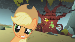 Size: 680x383 | Tagged: safe, applejack, earth pony, pony, clint eastwood, female, mare, text, troll quote