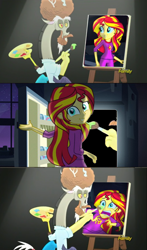 Size: 680x1157 | Tagged: safe, discord, sunset shimmer, equestria girls, rainbow rocks, what about discord?, bob ross, crossing the memes, discord's painting, draconiross, exploitable meme, image macro, meme, memeception, pinkie's refrigerator, sunset screamer, we need to go deeper