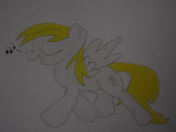 Size: 1032x774 | Tagged: safe, artist:uniqueskd, derpy hooves, pegasus, pony, female, mare, music notes, solo, traditional art