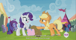 Size: 1441x762 | Tagged: safe, derpibooru import, screencap, applejack, carrot top, golden harvest, orthros, rainbow dash, rarity, sea swirl, seafoam, dog, earth pony, pegasus, pony, unicorn, trade ya, hub logo, meme, multiple heads, two heads, youtube caption