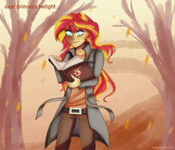 Size: 1008x864 | Tagged: safe, artist:lelka-philka, sunset shimmer, equestria girls, autumn, book, clothes, journal, longcoat, pants, reading, signature, solo