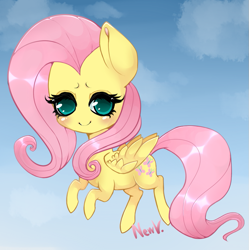 Size: 837x839 | Tagged: safe, artist:newvagabond, fluttershy, pegasus, pony, blushing, chibi, flying, smiling