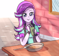 Size: 2952x2834 | Tagged: safe, artist:sumin6301, starlight glimmer, equestria girls, beanie, bracelet, clothes, colored pupils, cup, cute, female, fork, hat, looking at you, new style, plate, solo, straw