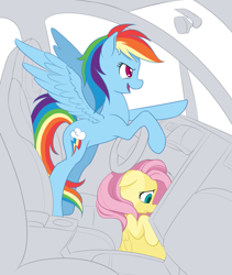 Size: 843x1000 | Tagged: safe, artist:dstears, derpibooru import, fluttershy, rainbow dash, pegasus, pony, car, driving, duo, duo female, female, spread wings, this will end in tears and/or death, wings