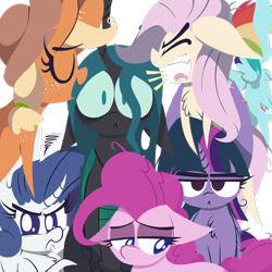Size: 1000x1000 | Tagged: safe, artist:dragonpone, derpibooru exclusive, mean applejack, mean fluttershy, mean pinkie pie, mean rainbow dash, mean rarity, mean twilight sparkle, queen chrysalis, alicorn, changeling, changeling queen, earth pony, pegasus, pony, unicorn, the mean 6, :<, :c, angry, annoyed, argument, bags under eyes, bipedal, bipedal leaning, chest fluff, clone, clone six, confused, crossed arms, crossed hooves, curved horn, eyes closed, facing away, fangs, female, floppy ears, flying, former queen chrysalis, freckles, frown, glare, horn, i'm surrounded by idiots, leaning, lidded eyes, lineless, looking at you, looking down, mare, mommy chrissy, open mouth, pouting, prone, regret, sad, sharp teeth, shoulder freckles, shrunken pupils, simple background, sitting, smiling, spread wings, teeth, tongue out, transparent background, unamused, underhoof, wall of tags, wide eyes, wings, yelling