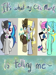 Size: 768x1024 | Tagged: safe, artist:timeywimeywhooves, bon bon, derpy hooves, dj pon-3, doctor whooves, lyra heartstrings, octavia melody, sweetie drops, vinyl scratch, earth pony, pegasus, pony, unicorn, background six, colored pupils, swapped cutie marks, what my cutie mark is telling me