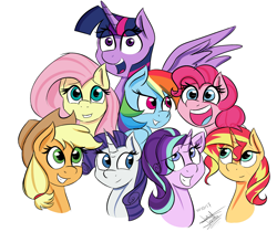 Size: 2691x2258 | Tagged: safe, artist:scarlett-letter, derpibooru import, applejack, fluttershy, pinkie pie, rainbow dash, rarity, starlight glimmer, sunset shimmer, twilight sparkle, twilight sparkle (alicorn), alicorn, earth pony, pegasus, pony, unicorn, blue tongue, bust, cowboy hat, eye clipping through hair, female, grin, hat, looking at you, mane eight, mane six, open mouth, portrait, signature, simple background, smiling, stetson, white background