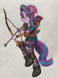 Size: 1760x2355 | Tagged: safe, artist:bozzerkazooers, starlight glimmer, equestria girls, arrow, bow (weapon), bow and arrow, ninja, ponied up, solo, traditional art, weapon