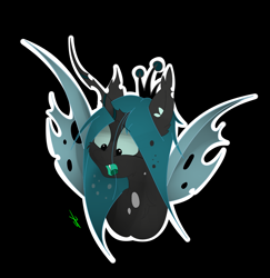 Size: 2433x2499 | Tagged: safe, artist:groomlake, queen chrysalis, changeling, changeling queen, pony, black background, crown, female, jewelry, open mouth, regalia, simple background, solo, spots