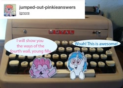 Size: 504x360 | Tagged: safe, dj pon-3, pinkie pie, vinyl scratch, earth pony, pony, female, mare, pink coat, pink mane, typewriter