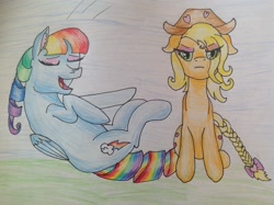 Size: 2592x1936 | Tagged: safe, artist:alrakia, derpibooru import, applejack, rainbow dash, earth pony, pegasus, pony, alternate hairstyle, traditional art