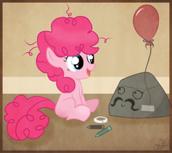 Size: 1340x1192 | Tagged: safe, artist:balloons504, pinkie pie, earth pony, pony, balloon, crayon, cute, filly, happy, moustache, rock, sitting, solo, younger