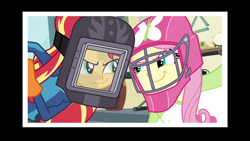 Size: 1280x720 | Tagged: safe, screencap, fluttershy, sunset shimmer, equestria girls, friendship games, dreamworks face, end credits, helmet, right there in front of me, sunset welder