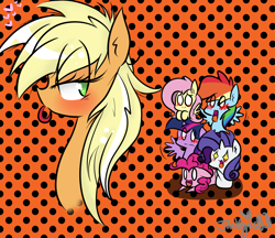 Size: 1390x1200 | Tagged: safe, artist:jankrys00, derpibooru import, applejack, fluttershy, pinkie pie, rainbow dash, rarity, twilight sparkle, twilight sparkle (alicorn), alicorn, earth pony, pegasus, pony, unicorn, appledash, applejack gets all the mares, applepie, appleshy, bedroom eyes, blushing, female, lesbian, looking back, loose hair, mane six, mare, messy mane, missing accessory, missing freckles, mouth hold, rarijack, shipping, shocked, twijack, wingboner