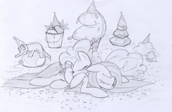 Size: 2480x1616 | Tagged: safe, artist:skutchi, gummy, madame leflour, mr. turnip, pinkie pie, rocky, earth pony, pony, after party, balloon, bucket, duality, grayscale, monochrome, pinkamena diane pie, pony pile, sketch, traditional art