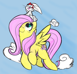 Size: 732x702 | Tagged: safe, artist:0r0ch1, artist:wesleyfoxx, derpibooru exclusive, angel bunny, fluttershy, pegasus, pony, rabbit, cloud, flying, goggles