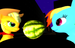 Size: 1600x1024 | Tagged: safe, artist:viranimation, derpibooru import, applejack, rainbow dash, earth pony, pegasus, pony, 3d, female, gmod, lesbian, watermelon