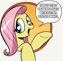 Size: 428x418 | Tagged: safe, idw, fluttershy, pegasus, pony, bad advice fluttershy, blue eyes, chat bubble, dialogue, exploitable meme, female, mare, meme, open mouth, pink mane, plucked, raised hoof, raised leg, simple background, smiling, solo, speech bubble, talking to viewer, underhoof, yellow coat