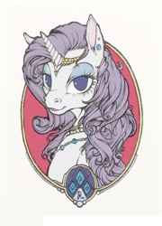 Size: 1024x1420 | Tagged: safe, artist:fillyphalanx, rarity, pony, unicorn, bust, female, jewelry, looking at you, mare, necklace, portrait, simple background, solo, tiara, white background