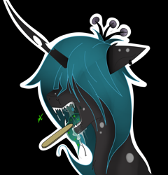 Size: 1197x1249 | Tagged: safe, artist:groomlake, queen chrysalis, changeling, changeling queen, pony, black background, doctor, drool, drool string, fangs, female, hair over eyes, jewelry, open mouth, piercing, regalia, simple background, solo, spots, tongue depressor, tongue out