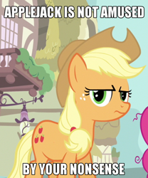 Size: 500x601 | Tagged: safe, applejack, earth pony, pony, image macro, meme, reaction image, unamused