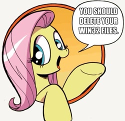 Size: 429x415 | Tagged: safe, idw, fluttershy, pegasus, pony, bad advice fluttershy, blue eyes, dialogue, exploitable meme, female, mare, meme, open mouth, pink mane, raised hoof, raised leg, simple background, smiling, solo, speech bubble, talking to viewer, underhoof, yellow coat