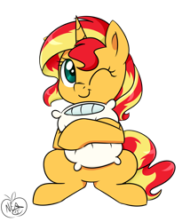 Size: 1200x1400 | Tagged: safe, artist:notenoughapples, sunset shimmer, pony, unicorn, cute, pillow, shimmerbetes, simple background, smiling, solo, transparent background, wink