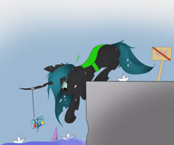 Size: 3008x2504 | Tagged: safe, artist:groomlake, queen chrysalis, twilight sparkle, changeling, changeling queen, fish, nymph, pony, book, colored, cute, cutealis, female, fishing, gradient background, offscreen character, origami, reaching, rope, sign, simple, solo focus, spots, tongue out