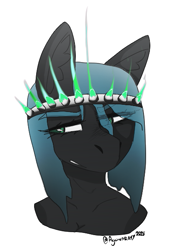 Size: 425x587 | Tagged: safe, artist:itzdatag0ndray, queen chrysalis, anthro, changeling, changeling queen, angry, crown, ear fluff, female, jewelry, regalia, simple background, solo, white background