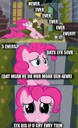 Size: 441x720 | Tagged: safe, edit, edited screencap, screencap, cranky doodle donkey, pinkie pie, donkey, earth pony, pony, a friend in deed, 5ever, comic, duo, hilarious in hindsight, hub logo, lik dis if u cry evertim, screencap comic, yelling