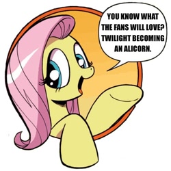 Size: 440x440 | Tagged: safe, idw, fluttershy, pegasus, pony, alicorn drama, bad advice fluttershy, blue eyes, dialogue, exploitable meme, female, mare, meme, meta, open mouth, pink mane, raised hoof, raised leg, simple background, smiling, solo, speech bubble, talking to viewer, underhoof, yellow coat