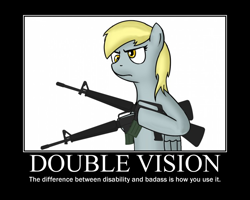 Size: 748x598 | Tagged: safe, artist:totallynotabronyfim, derpy hooves, pegasus, pony, assault rifle, demotivational poster, dual wield, female, gun, m16, mare, meme, motivational poster, rifle