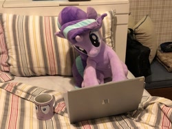 Size: 1024x768 | Tagged: safe, artist:nekokevin, starlight glimmer, pony, unicorn, series:nekokevin's glimmy, bed, bedsheets, computer, female, i mean i see, irl, laptop computer, mare, mug, photo, pillow, plushie, sitting, solo