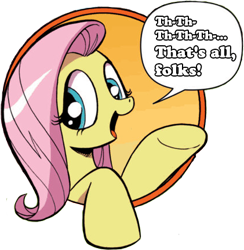 Size: 421x431 | Tagged: safe, idw, fluttershy, pegasus, pony, bad advice fluttershy, blue eyes, dialogue, exploitable meme, female, looney tunes, mare, meme, open mouth, pink mane, porky pig, raised hoof, raised leg, simple background, smiling, solo, speech bubble, stuttering, talking to viewer, underhoof, yellow coat