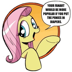 Size: 440x440 | Tagged: safe, idw, fluttershy, pegasus, pony, bad advice fluttershy, blue eyes, dialogue, exploitable meme, female, mare, meme, meta, open mouth, pink mane, raised hoof, raised leg, simple background, smiling, solo, speech bubble, talking to viewer, underhoof, yellow coat