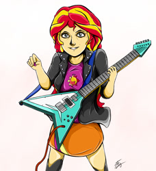 Size: 1220x1340 | Tagged: safe, artist:crescendolls187, sunset shimmer, equestria girls, blank stare, creepy, faic, flying v, guitar, solo, uncanny valley, wtf