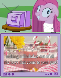 Size: 388x500 | Tagged: safe, pinkie pie, earth pony, pony, exploitable meme, meme, milkshake, pinkamena diane pie, tv meme