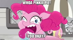 Size: 888x499 | Tagged: safe, derpibooru import, edit, edited screencap, screencap, fluttershy, pinkie pie, earth pony, pegasus, pony, rainbow roadtrip, bloodshot eyes, crazy face, discovery family logo, drool, evil eye, faic, female, hope hollow, horrifying, long tongue, mare, meme, scary face, teeth, terrorize, tongue out