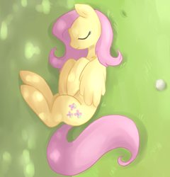 Size: 876x913 | Tagged: safe, artist:risu-nya, fluttershy, pegasus, pony, eyes closed, female, grass, mare, on side, outdoors, shadow, sleeping, solo