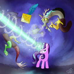 Size: 2000x2000 | Tagged: safe, artist:nawakicz, artist:ruushiicz, discord, starlight glimmer, draconequus, pony, unicorn, collaboration, annoyed, blast, blue background, d8, dice, discord being discord, duo, female, looking back, magic, magic beam, magic blast, male, mare, signature, simple background, smiling, sweat, wings